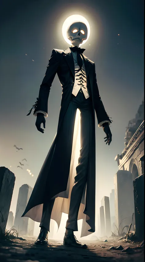 Representa a Jack Skellington, el Rey Calabaza, con su traje de esmoquin a rayas en medio de un retorcido, Gothic setting. Jack se encuentra en un cementerio oscuro cubierto de niebla, con alto, Thin tombstones slanted at odd angles. La luna llena brilla c...