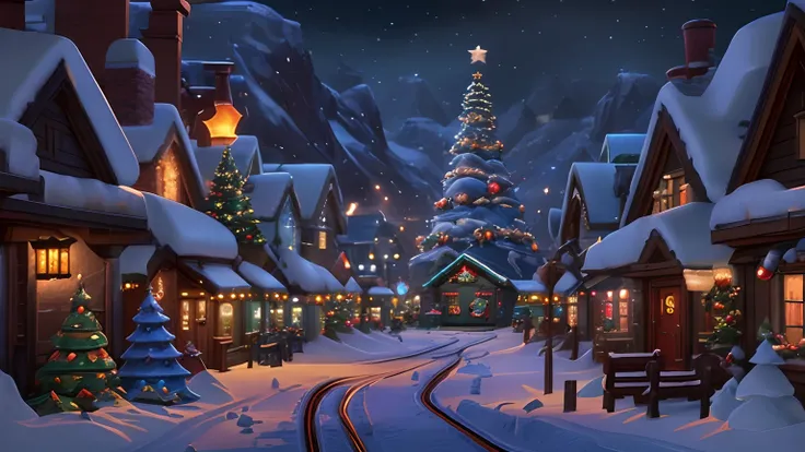 snowy village with a train and a christmas tree in the middle, winter concept art, blizzard hearthstone concept art, background artwork, stylized concept art, town background, a bustling magical town, nightime village background, hearthstone concept art, f...