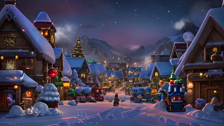 snowy village with a train and a christmas tree in the middle, winter concept art, blizzard hearthstone concept art, background artwork, stylized concept art, town background, a bustling magical town, nightime village background, hearthstone concept art, f...