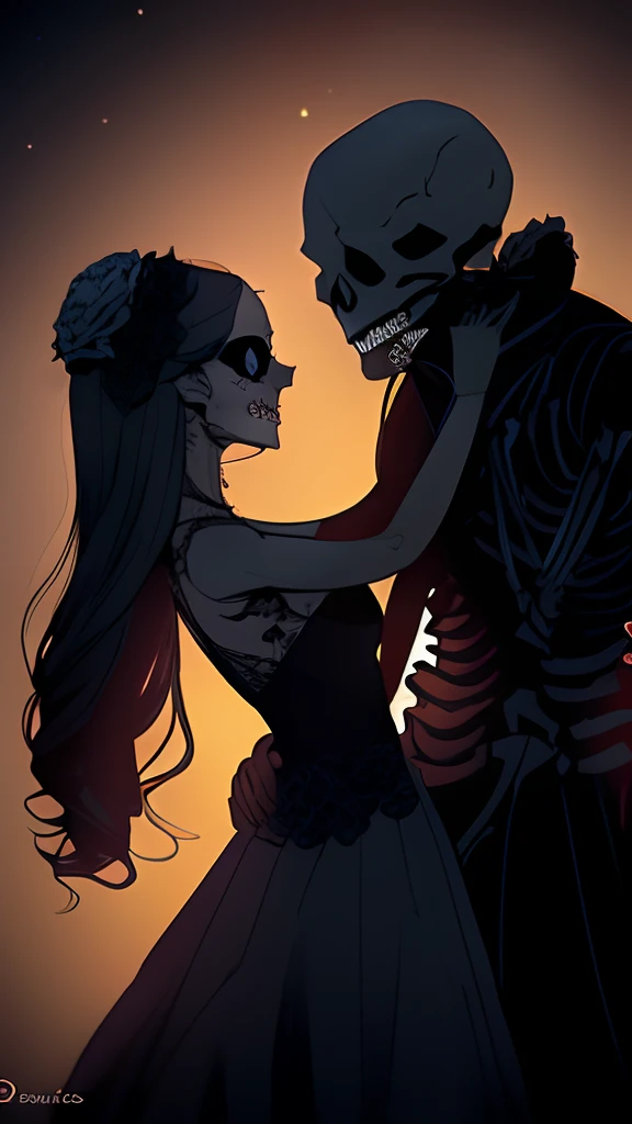 there is a (woman) and a skeleton in a black dress dancing close together, dia de los muertos. 8 k, ska skeleton and girlfriend, ( ( dia de los muertos ) ), el dia los muertos!, (dia de los muertos), ( dia de los muertos ), unreal engine ; romantic theme, ...