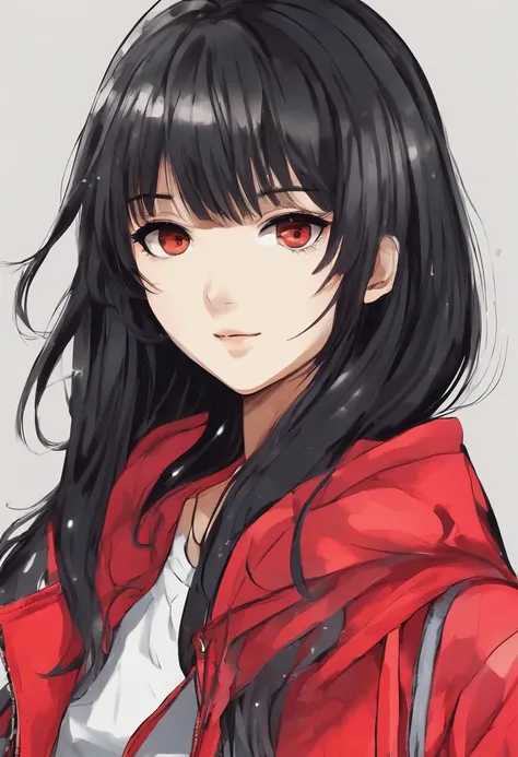 18-year-old girl, with dark skin, long straight black hair with bangs and brown eyes, wearing a black T-shirt and red jacket