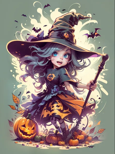 Vector t-shirt, Print-ready colorful graffiti, Illustration of a cute witch, Halloween, action shot, Halloween, high detail, whitebackground