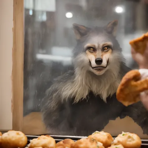 Werewolf staring lovingly at dripping garlic knots through the pizzeria window