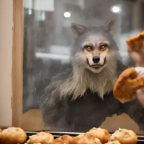 Werewolf staring lovingly at dripping garlic knots through the pizzeria window