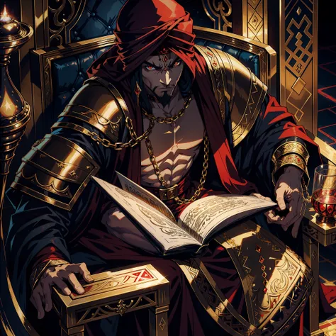 Moroccan Arab with Castlevania turban Very muscular Shadow Lord Handsome wearing Arabian armor Very Scary Red Eyes Crystal Gloss Hyper Realistic Super Detailed Scary Lord Dracula sitting on his great throne with his legendary Moroccan princesses next to hi...