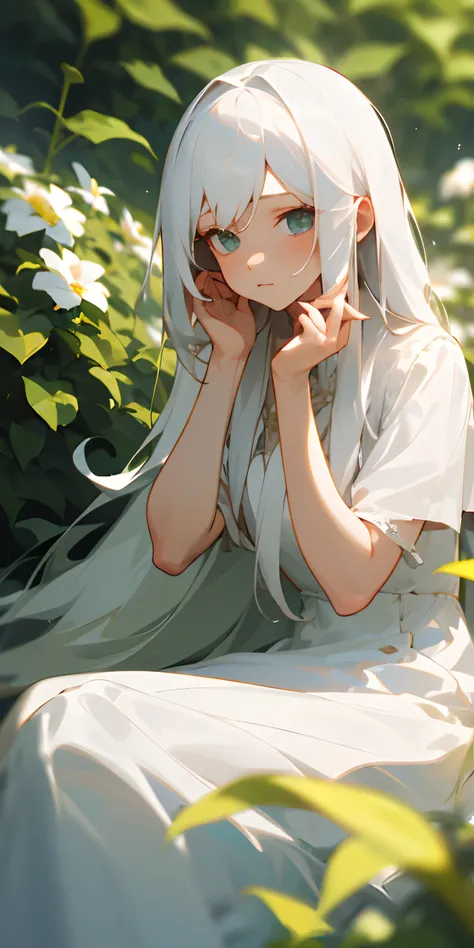 (masterpiece, best quality),1girl with long white hair sitting in a field of green plants and flowers, her hand under her chin, warm lighting, white dress, blurry foreground