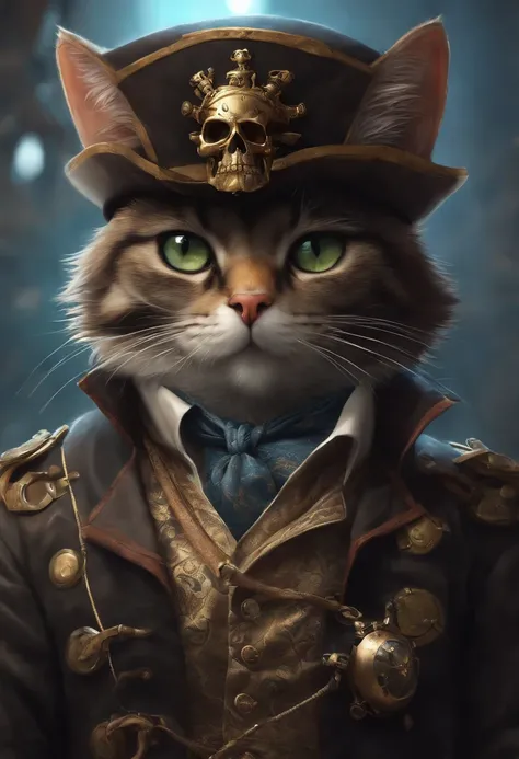 Cyberpunk pirate cat with skull and crossbones, segurando faca, Retrato de um gato na forma de um pirata, arte digital detalhada bonito, gato steampunk, gato antro, gato antro, arte digital 4K altamente detalhada, arte superdetalhada, fanart melhor artstat...