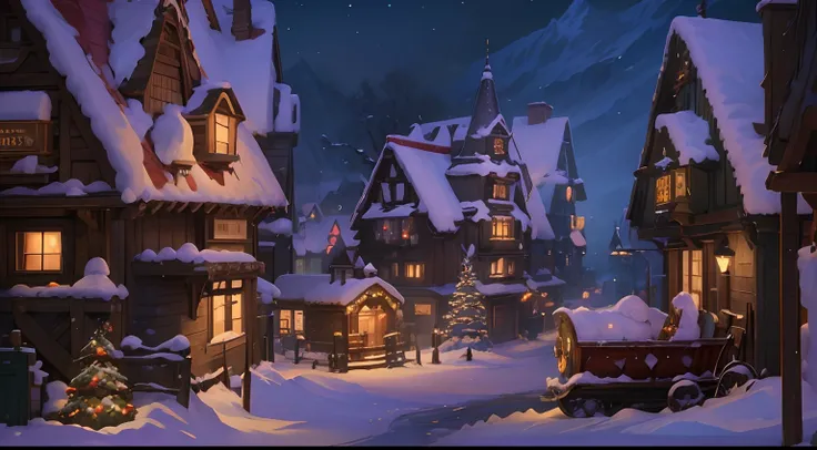 ((masterpiece)), (8k, high_resolution), (best quality), ultra-detailed, snowy village with a train and a christmas tree in the middle, winter concept art, blizzard hearthstone concept art, background artwork, stylized concept art, town background, a bustli...