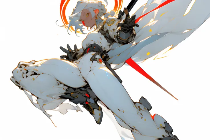 [(white background_1.15), __2]solo, mid shot, full body, ((masterpiece)),(((best quality))), full body of cyberpunk paladin lady holding big glowing sword, white tabard, pauldrons, white hair, braid, red belt, cybernetic halo, mechanical arm, simple backgr...