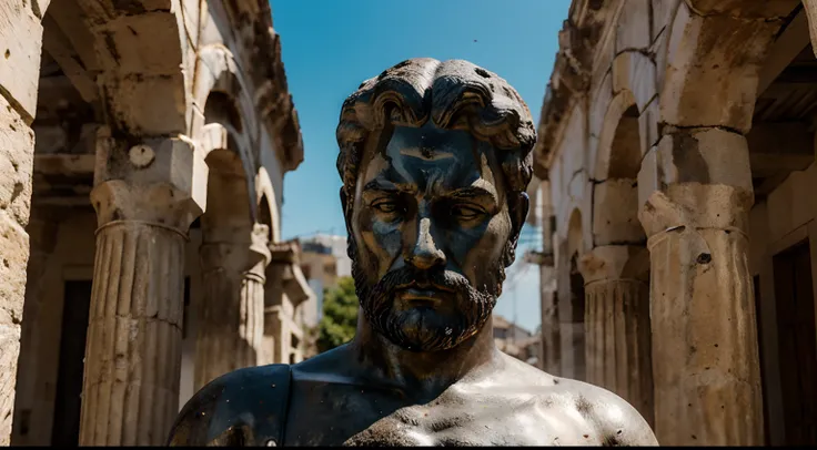 Ancient Stoic Statue With Very Angry Expression, tem barba, muitos detalhes em ambos os olhos, Outside, fundo atenas grego, open sky, com rosto extremamente detalhado full body view, Colors with low saturation with dark tone, Filmado em Sony A7S III com So...