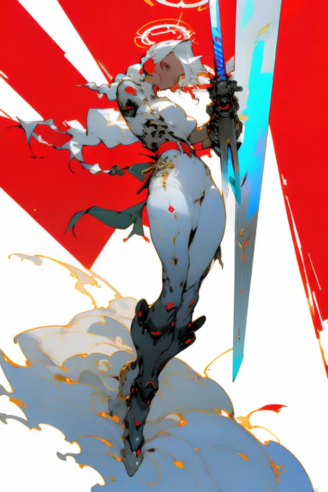 nijistyle, full body of cyberpunk paladin lady holding big glowing sword, white tabard, pauldrons, white hair, braid, red belt, cybernetic halo, mechanical arm, simple background