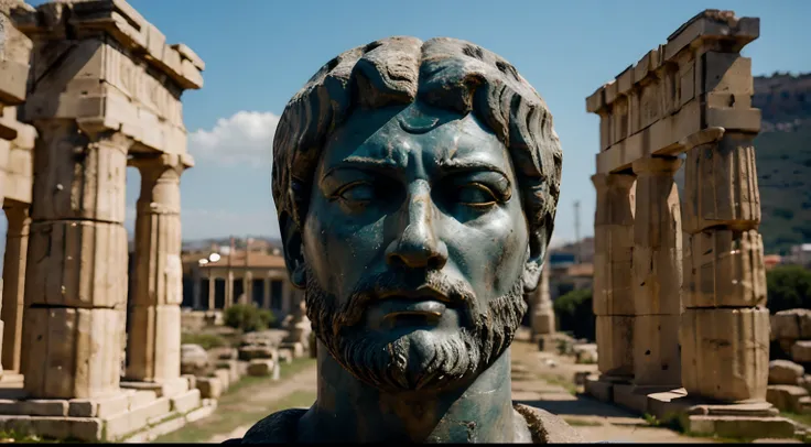 Ancient Stoic Statue With Very Angry Expression, tem barba, muitos detalhes em ambos os olhos, Outside, fundo atenas grego, open sky, com rosto extremamente detalhado full body view, Colors with low saturation with dark tone, Filmado em Sony A7S III com So...