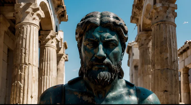 Ancient Stoic Statue With Very Angry Expression, tem barba, muitos detalhes em ambos os olhos, Outside, fundo atenas grego, open sky, com rosto extremamente detalhado full body view, Colors with low saturation with dark tone, Filmado em Sony A7S III com So...