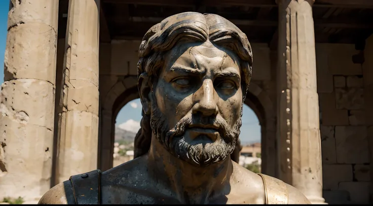 Ancient Stoic Statue With Very Angry Expression, tem barba, muitos detalhes em ambos os olhos, Outside, fundo atenas grego, open sky, com rosto extremamente detalhado full body view, Colors with low saturation with dark tone, Filmado em Sony A7S III com So...