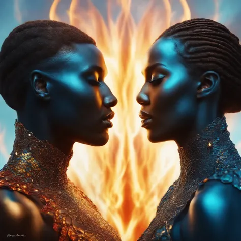 Luxury product style a man and a woman standing next to each other with fire coming out of them, Tumblr, psychedelic art, 😃😀😄☺🙃😉😗, Baiser charmant, Couleurs bleues et cyan, Beautiful details and colors, sombre et complexe, embrasser, .very realistic, kissi...