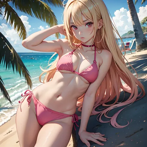 1 girl, blonde hair, long hair, red eyes, small breasts, pouting, pink swim suit, beach