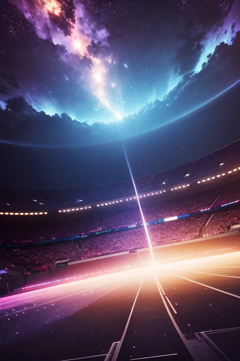 A vibrant world like a sparkling universe. Imagine an atmosphere that reflects the brilliance and vastness of the universe. Large Velodrome decorated with dazzling light Lots of twinkling stars in the distance, And pale lightning falling straight from heav...