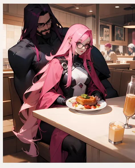 marvel comic panel woman with long bright pink hair and glasses with a tall man with black long hair facial hair and a strand of pink hair. at a restaurant eating dinner