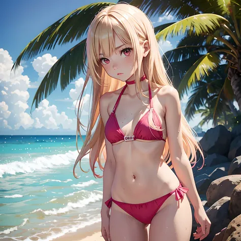 1 girl, blonde hair, long hair, red eyes, small breasts, pouting, pink swim suit, beach