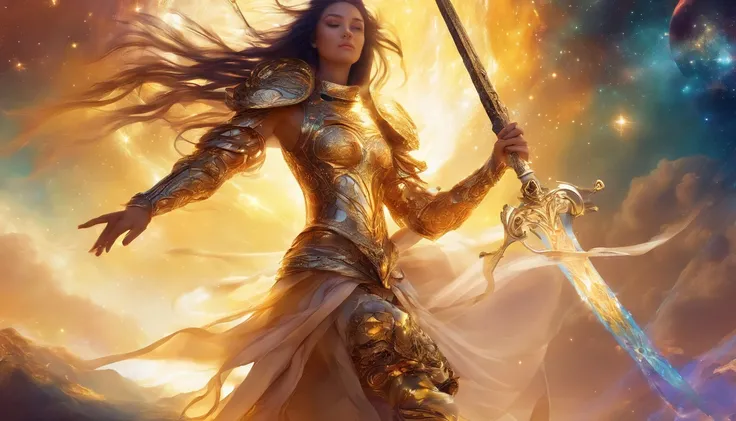 girl. godes holy. sword. golden armour. giant. space. cosmic