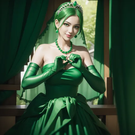 emerald tiara, Green Pearl Necklace, Boyish very short green hair, lipsticks, Japan woman smiling, very short short hair,  big breasts beautiful, Green eyes, Long green gloves made of satin material, Green eyes, Emerald Earrings, green vale, Heart with bot...