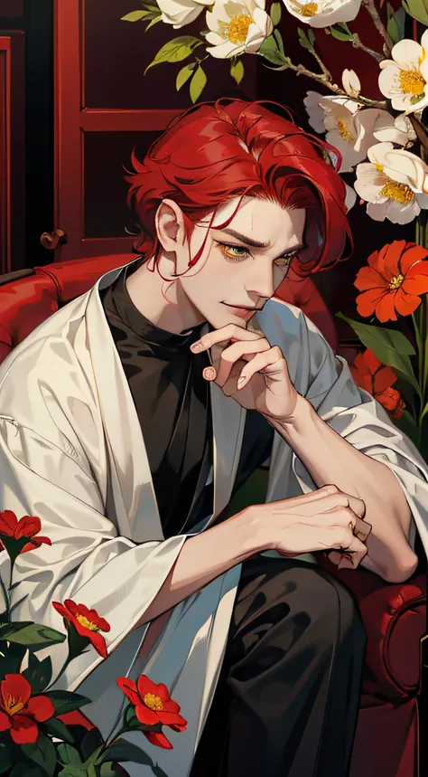 A 38-year-old man with scarlet hair, gathered in a small bundle, Yellow eyes, white robe, biologist, Herbal Remedies, Flowers, maniacal gaze, Malachite finger ring, rabies, laughter, black pant