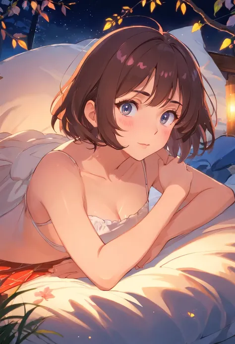 masterpiece, high resolution, illustration, kyoto animation style, your name is movie style, night, midnight, light, (1 woman: 1.3), (solo: 1.4), long eyelashes, short bob, nose blush, futon, lying down, naked, face close-up, hide chest with hands, hide wi...