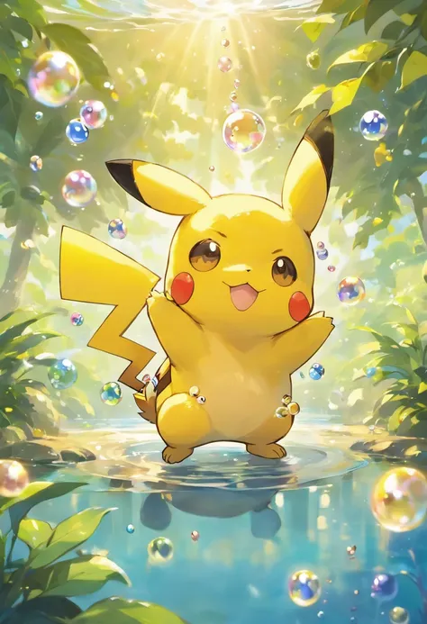 A touching scene in ultra-high definition 3D showcasing Pikachu with dreadlocks and money bags making a wish beside a tranquil lake. Pikachu with dreadlocks and gold teeth, beautifully rendered in detail, is seen gently blowing bubbles into the air, each o...