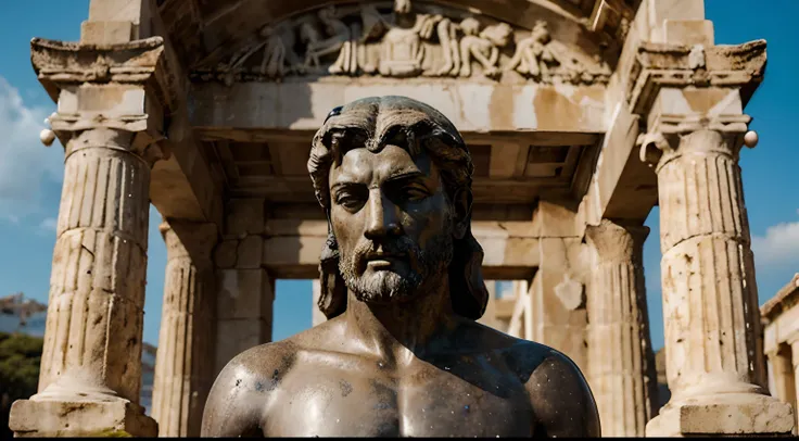 Ancient Stoic Statue With Very Angry Expression, tem barba, muitos detalhes em ambos os olhos, Outside, fundo atenas grego, open sky, com rosto extremamente detalhado full body view, Colors with low saturation with dark tone, Filmado em Sony A7S III com So...