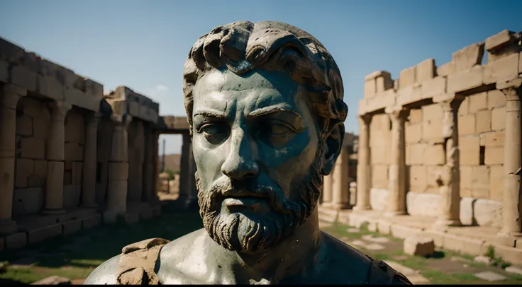 Ancient Stoic Statue With Very Angry Expression, tem barba, muitos detalhes em ambos os olhos, Outside, fundo atenas grego, open sky, com rosto extremamente detalhado full body view, Colors with low saturation with dark tone, Filmado em Sony A7S III com So...