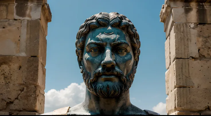 Ancient Stoic Statue With Very Angry Expression, tem barba, muitos detalhes em ambos os olhos, Outside, fundo atenas grego, open sky, com rosto extremamente detalhado full body view, Colors with low saturation with dark tone, Filmado em Sony A7S III com So...