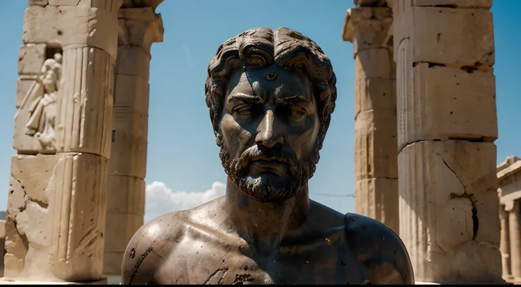 Ancient Stoic Statue With Very Angry Expression, tem barba, muitos detalhes em ambos os olhos, Outside, fundo atenas grego, open sky, com rosto extremamente detalhado full body view, Colors with low saturation with dark tone, Filmado em Sony A7S III com So...