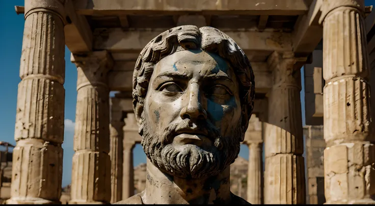 Ancient Stoic Statue With Very Angry Expression, tem barba, muitos detalhes em ambos os olhos, Outside, fundo atenas grego, open sky, com rosto extremamente detalhado full body view, Colors with low saturation with dark tone, Filmado em Sony A7S III com So...