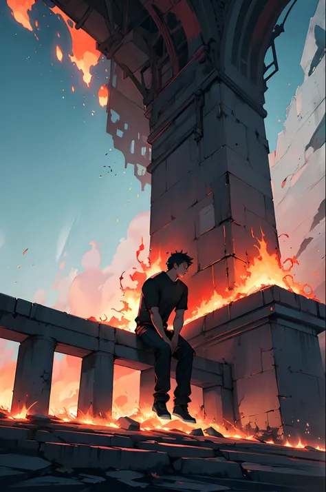 A man sitting alone looking down, the sky is red and black and fire is all around him