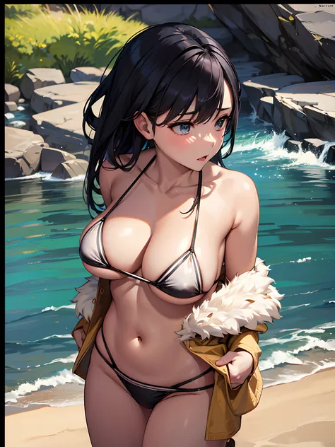 Rock、Mare、vague、Black Haired Beauty、tits out、Colossal tits、nudde、teats、cleavage of the breast、The bikini、a navel、Futomo、waterside