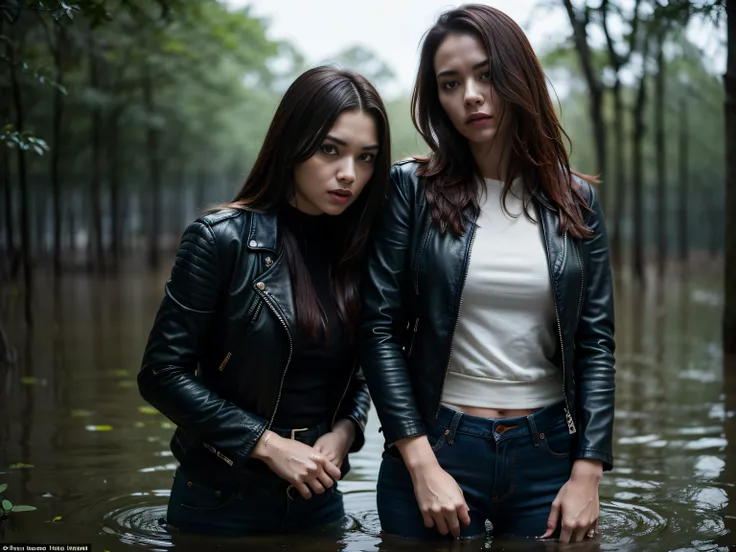 (Best Quality,hight resolution:1.4),only 2 Hostesses,Expressive wrinkles,morena,Redhead,Jeans, leather jacket, blouse, ( drowning in a swamp:1.3),(Dirty harassment:1.3),Detailed eyes and face,expression of despair,Dark and moody lighting,ominous vibe,despe...