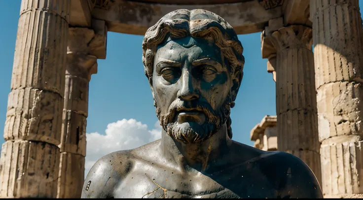 Ancient Stoic Statue With Very Angry Expression, tem barba, muitos detalhes em ambos os olhos, Outside, fundo atenas grego, open sky, com rosto extremamente detalhado full body view, Colors with low saturation with dark tone, Filmado em Sony A7S III com So...