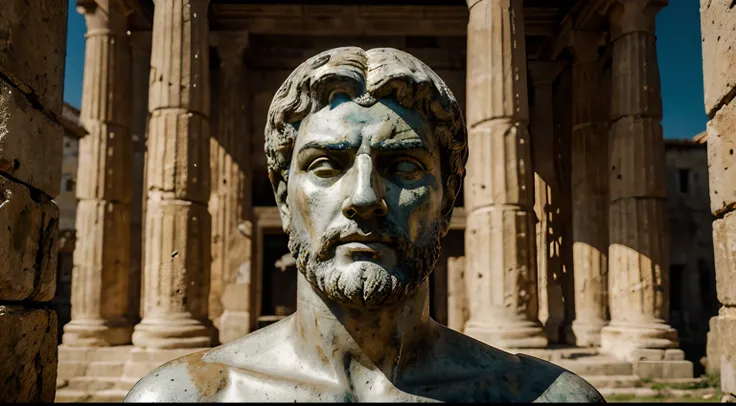 Ancient Stoic Statue With Very Angry Expression, tem barba, muitos detalhes em ambos os olhos, Outside, fundo atenas grego, open sky, com rosto extremamente detalhado full body view, Colors with low saturation with dark tone, Filmado em Sony A7S III com So...