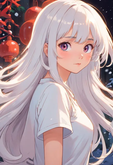 A  girl, snow-white hair, Shiny Locks, bangs between the eyes, matted hair, curls, Huge bangs, Mego Long Bangs, Skinny, nice ass, Black Eyes, white tshirt