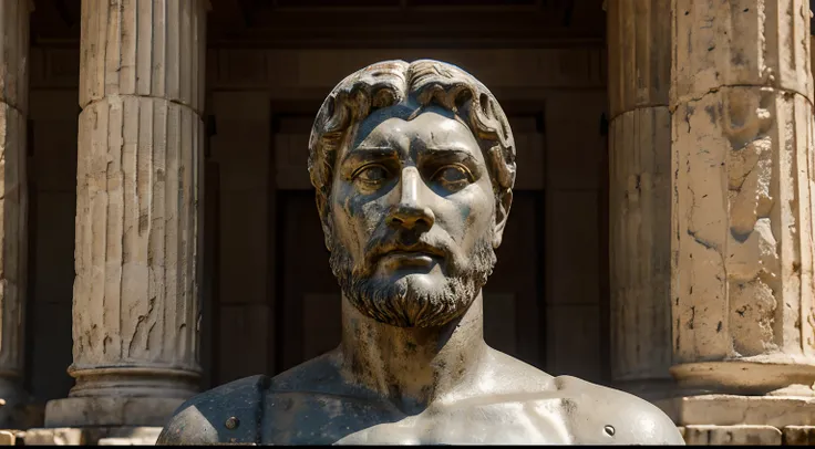 Ancient Stoic Statue With Very Angry Expression, tem barba, muitos detalhes em ambos os olhos, Outside, fundo atenas grego, open sky, com rosto extremamente detalhado full body view, Colors with low saturation with dark tone, Filmado em Sony A7S III com So...