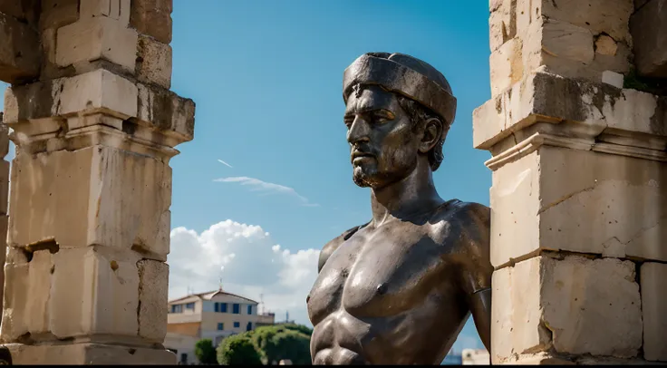 Ancient Stoic Statue With Very Angry Expression, tem barba, muitos detalhes em ambos os olhos, Outside, fundo atenas grego, open sky, com rosto extremamente detalhado full body view, Colors with low saturation with dark tone, Filmado em Sony A7S III com So...