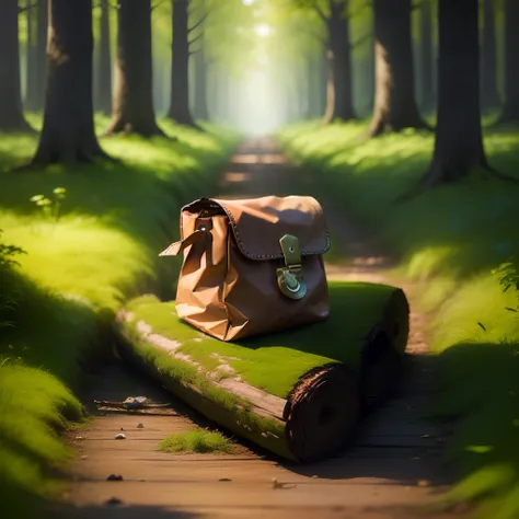 A small bag on a log in the middle of a magical forest