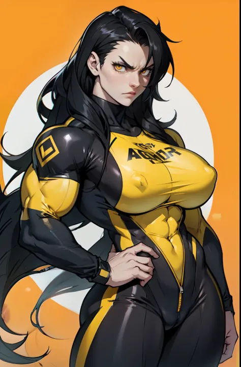 pale skin solo 1 girl black hair yellow eyes angry very long hair (huge breasts bodybuilder toned body muscular) skinsuit