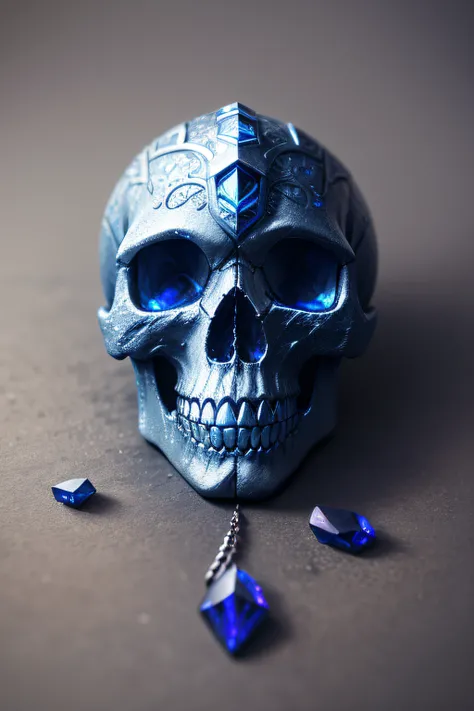 A very detailed and textured sapphire skull, runic inscriptions visible on it. lot of paint colored fall in it, Thats wonderful