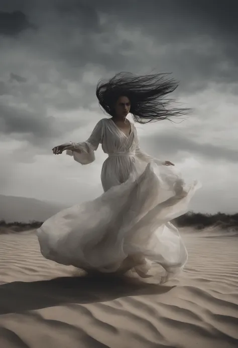 arafed woman in a white dress is running in the sand, she is floating in the air, flowing hair and long robes, dramatic magic floating pose, floating ghost, white hair floating in air, dramatic floating pose, hair floating in the wind, levitating above the...