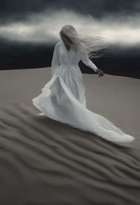 arafed woman in a white dress is running in the sand, she is floating in the air, flowing hair and long robes, dramatic magic floating pose, floating ghost, white hair floating in air, dramatic floating pose, hair floating in the wind, levitating above the...