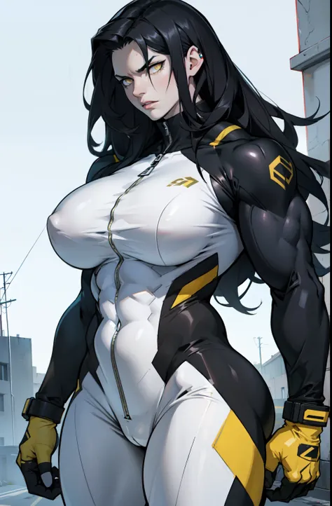 pale skin solo 1 girl black hair yellow eyes angry very long hair dark atmosphere (huge breasts bodybuilder toned body muscular) white skinsuit curvy