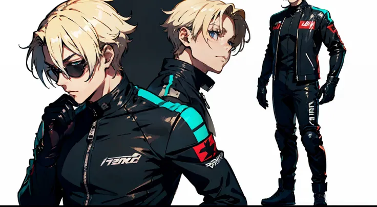 (Concept art character design, super detailed, best quality), 1boy, Anime style, (Best Quality)), ((Masterpiece)), (((anime character sheet, frontal view, side view, three quarter view))) (((white background))), full body, tall boy with blonde hair, bangs ...