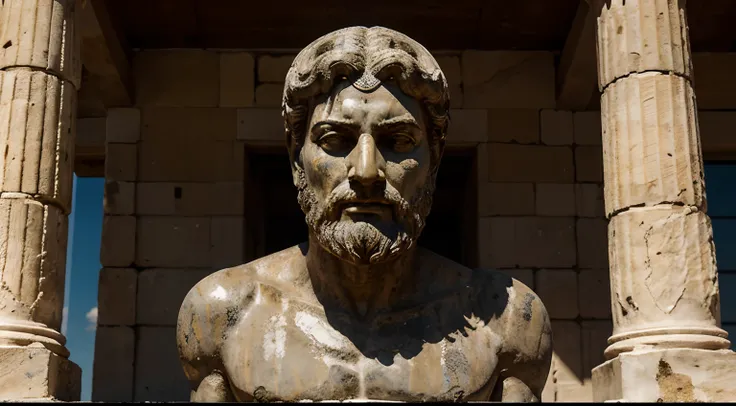 Ancient Stoic Statue With Very Angry Expression, tem barba, muitos detalhes em ambos os olhos, Outside, fundo atenas grego, open sky, com rosto extremamente detalhado full body view, Colors with low saturation with dark tone, Filmado em Sony A7S III com So...