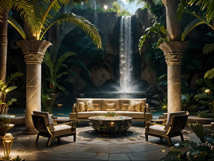 incredible luxurious futuristic bar with tropical garden in Ancient Persian style with many ((lush plants)) (lotus flowers), ((palm trees)), rocky walls, (sand), ((amazing waterfalls)), (marble), ((precious minerals)), ((metals)), (gemstones), crystals, cl...